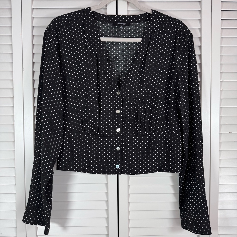 Madewell Polka Dot V-Neck Button-Front Shirt Blouse Cropped Size Medium